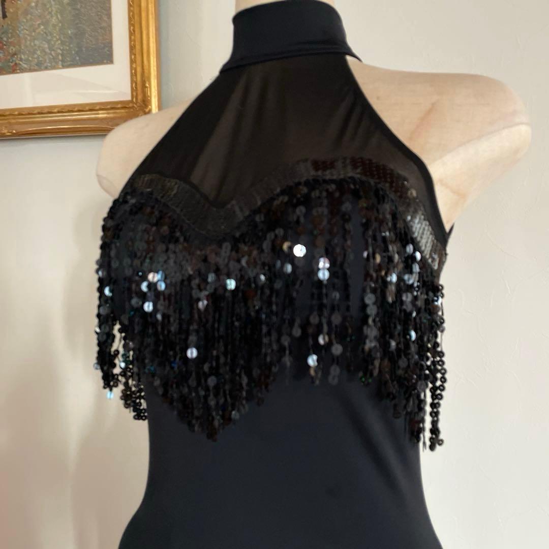 ❤︎ラテン【社交ダンス用ドレス】黒❤︎フリンジ付きホルターネック