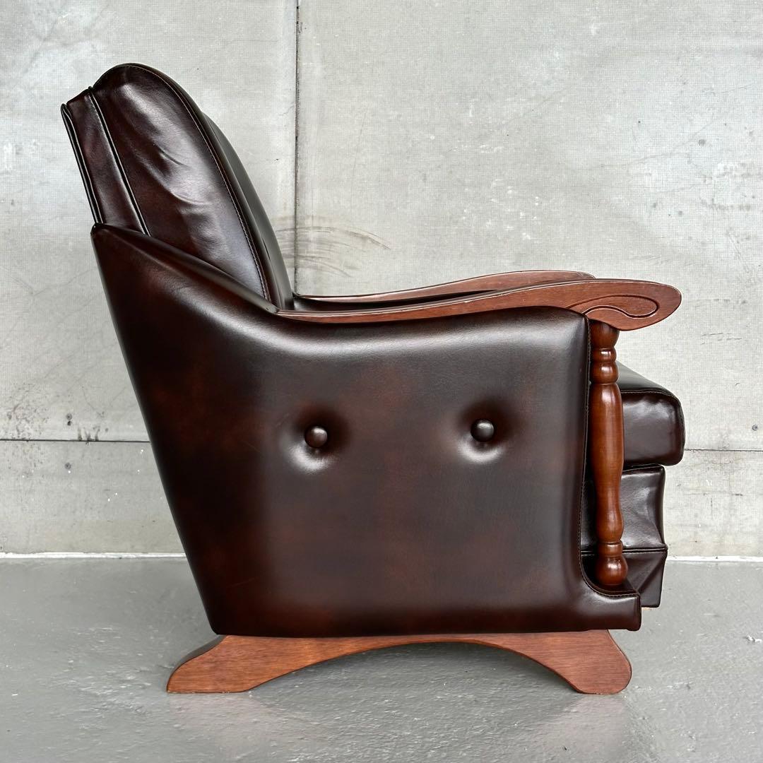 ✦昭和レトロ✦ミッドセンチュリー ラウンジチェア 合皮 × 無垢材装飾 ソファー