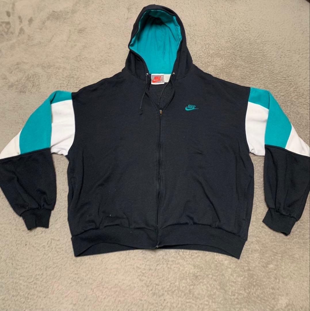 90s 銀タグNIKE(ナイキ) ジップアップパーカー ターコイズXL