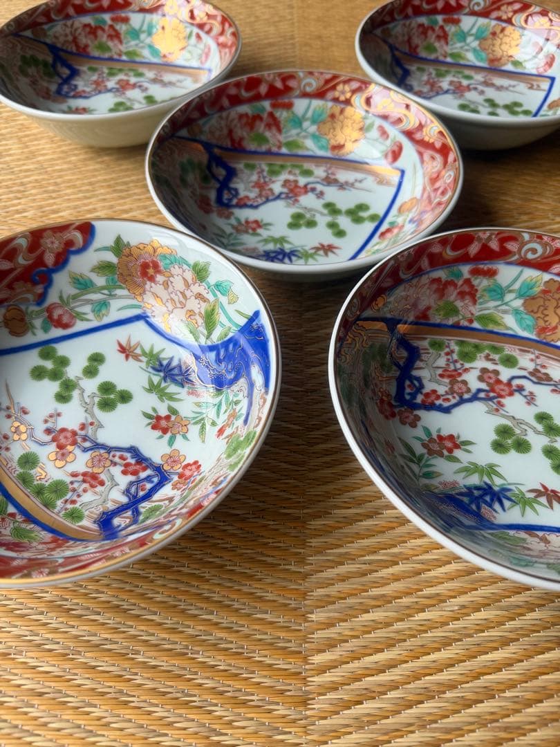 林九郎窯 有田焼 波佐見焼 赤絵 金彩 牡丹 松竹梅 5客