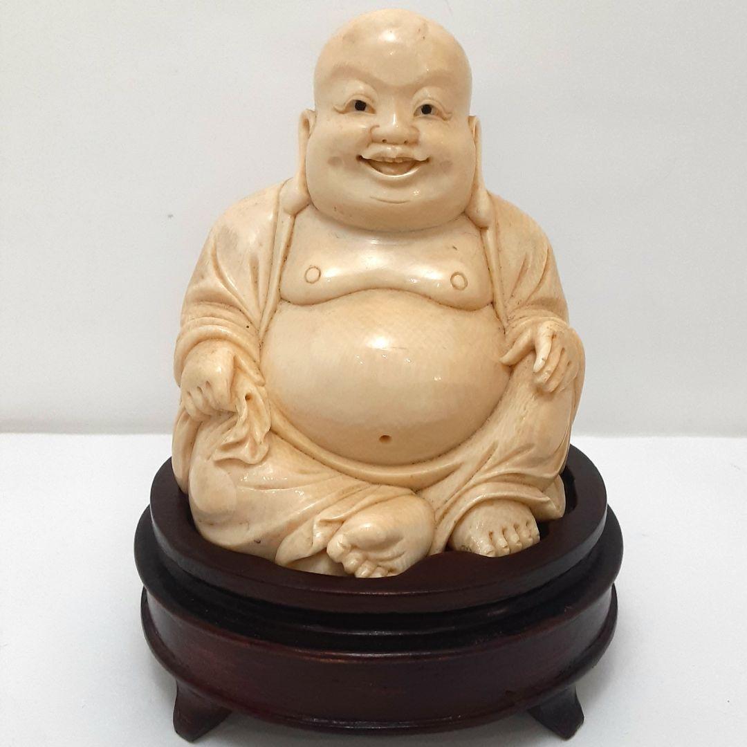 Y1701-5 細密彫刻 極上 布袋置物 唐木台付 総重量319.4g