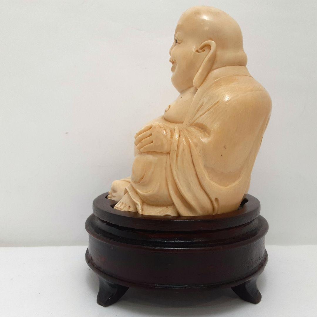 Y1701-5 細密彫刻 極上 布袋置物 唐木台付 総重量319.4g