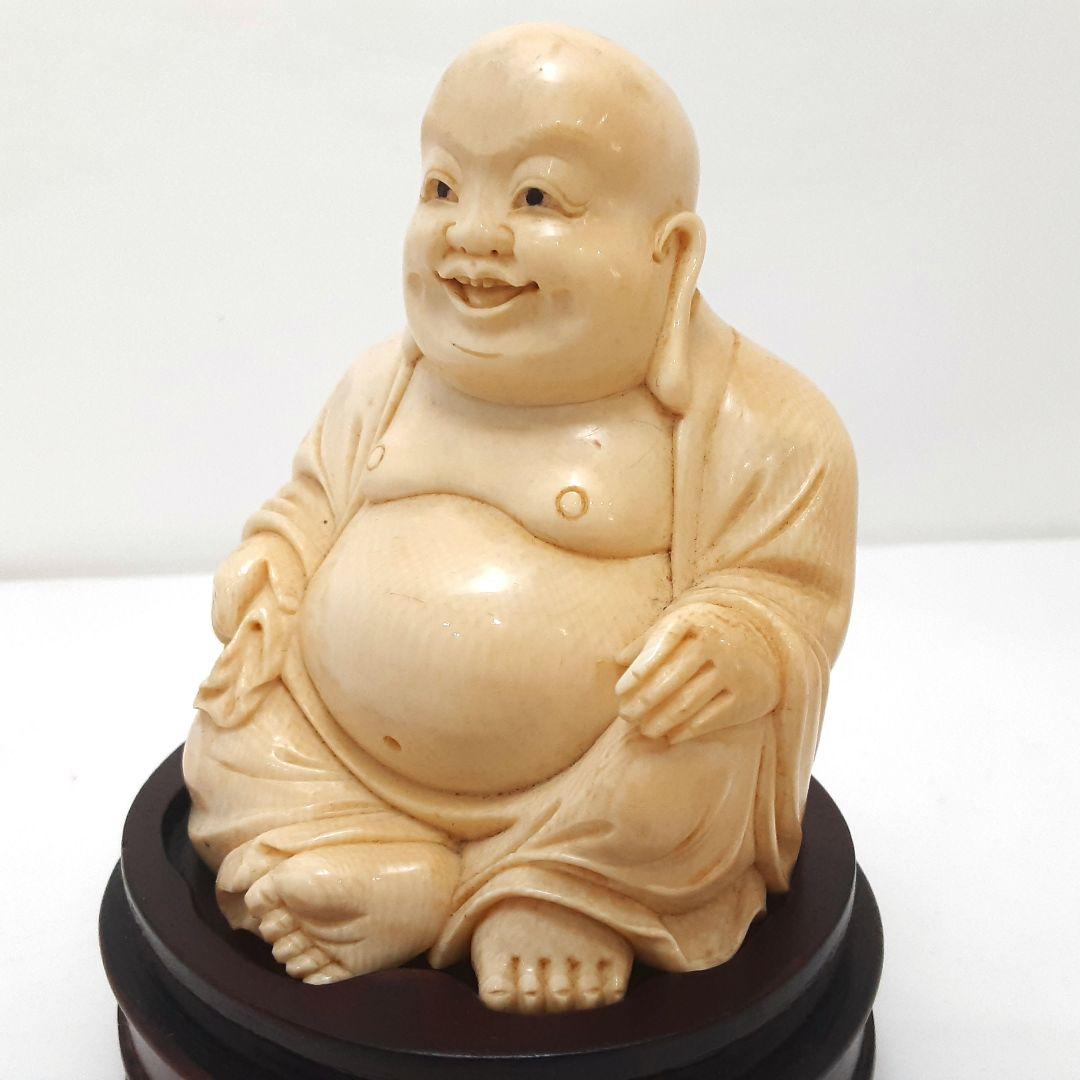 Y1701-5 細密彫刻 極上 布袋置物 唐木台付 総重量319.4g