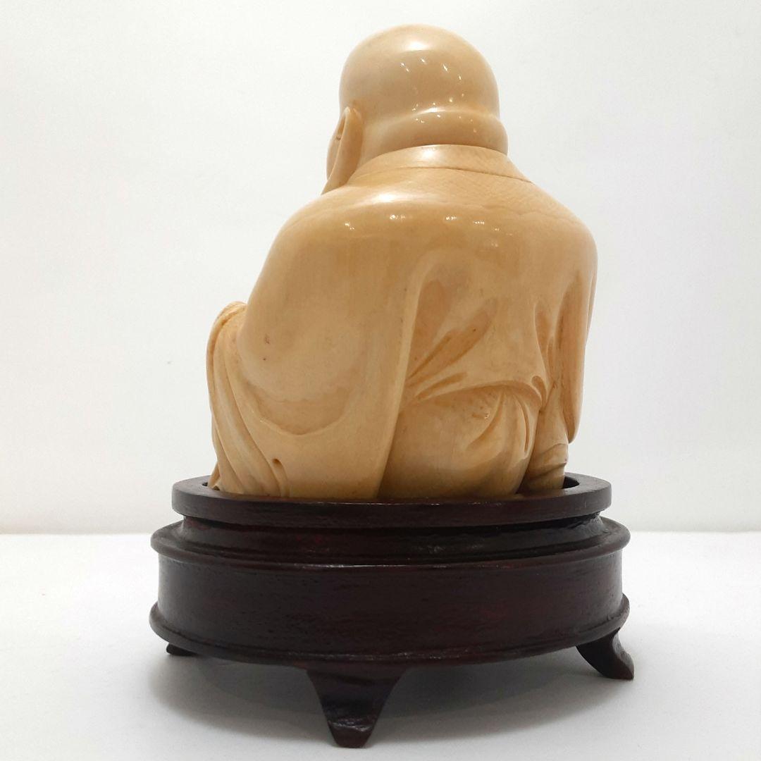 Y1701-5 細密彫刻 極上 布袋置物 唐木台付 総重量319.4g