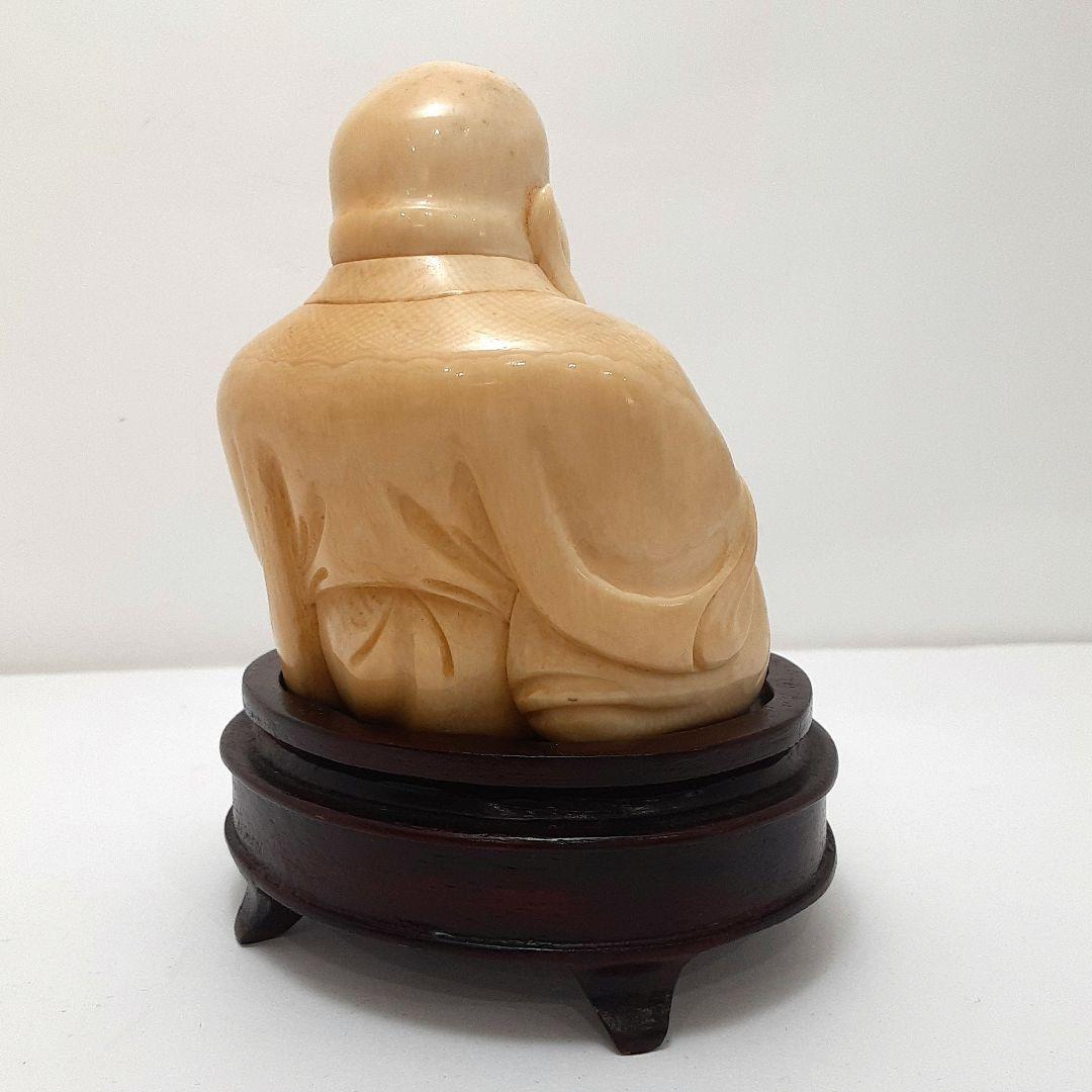 Y1701-5 細密彫刻 極上 布袋置物 唐木台付 総重量319.4g