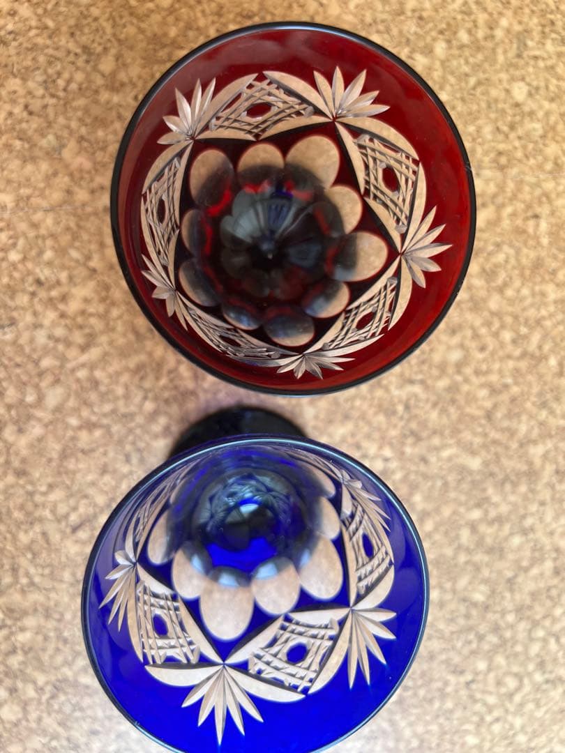 【美品・ペア】薩摩切子 グラス 赤青2客セット／伝統工芸品／共箱なし／被せガラス