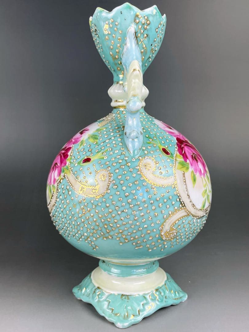 【希少】オールドニッポン 約２３cm アールヌーボー薔薇紋金盛り花瓶 ターコイズ