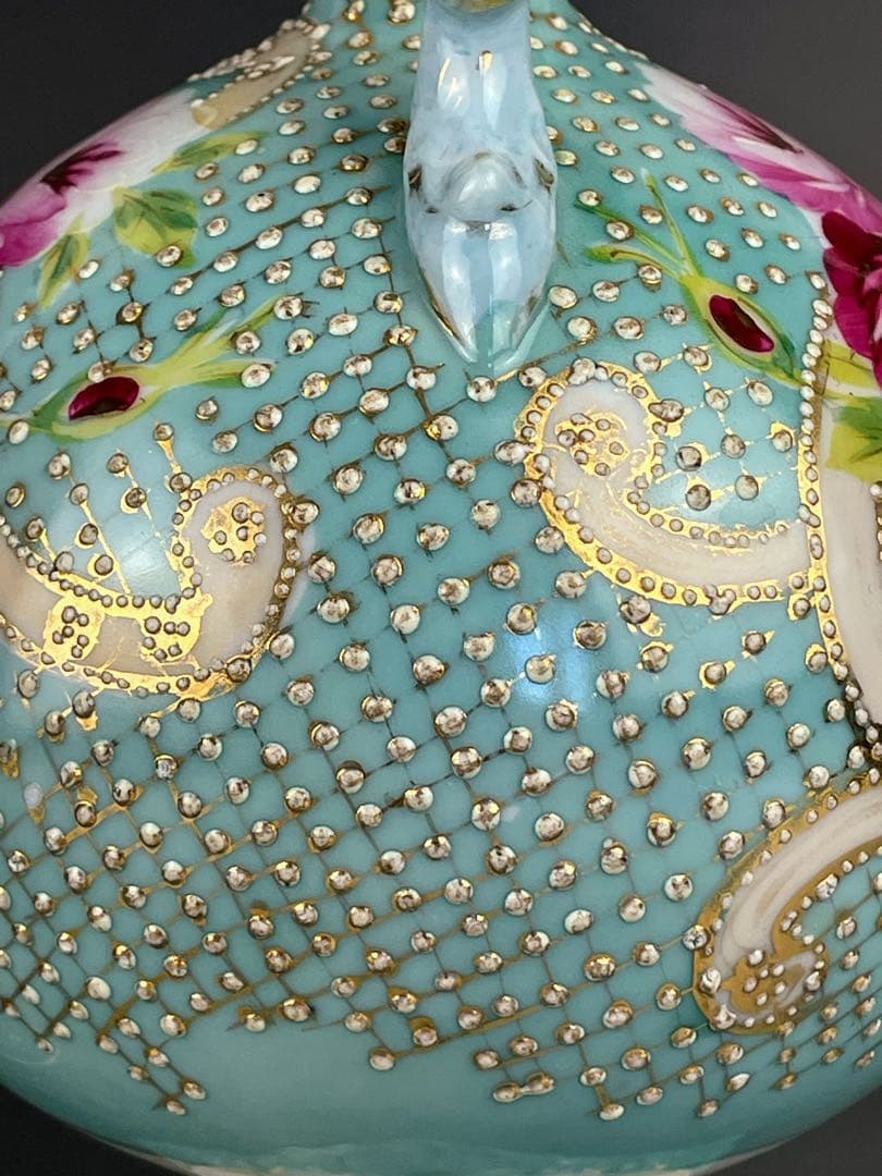 【希少】オールドニッポン 約２３cm アールヌーボー薔薇紋金盛り花瓶 ターコイズ