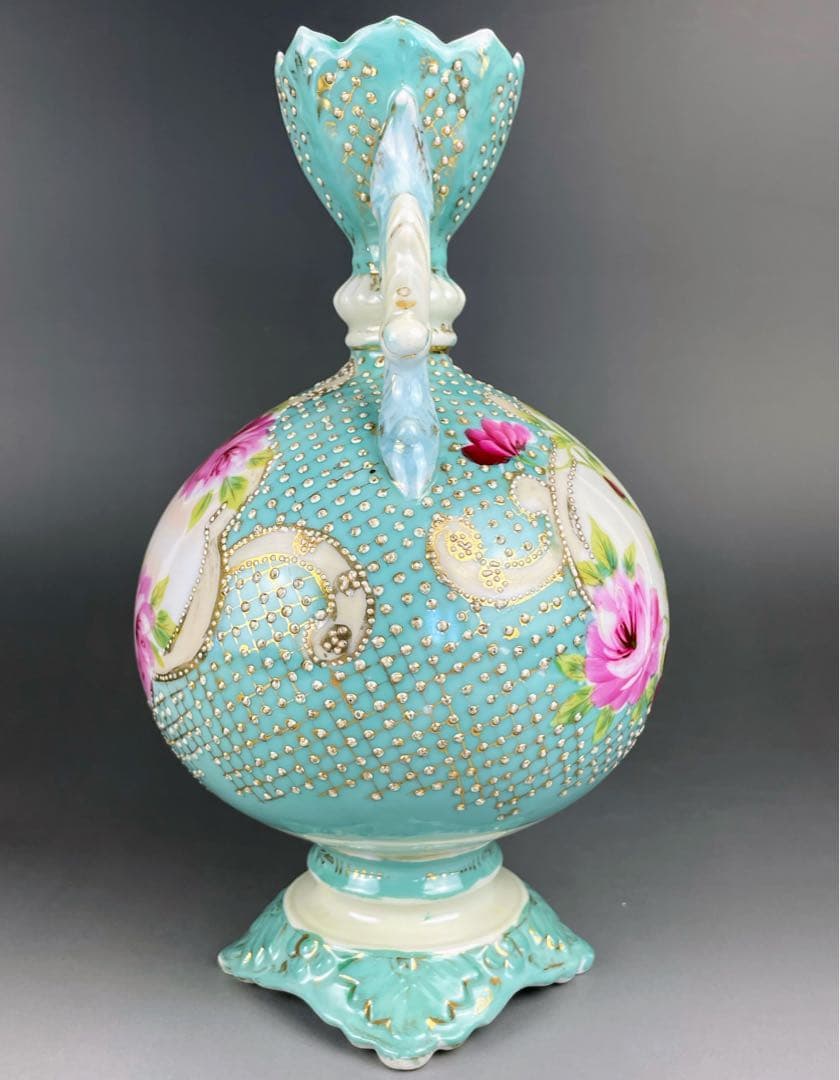 【希少】オールドニッポン 約２３cm アールヌーボー薔薇紋金盛り花瓶 ターコイズ