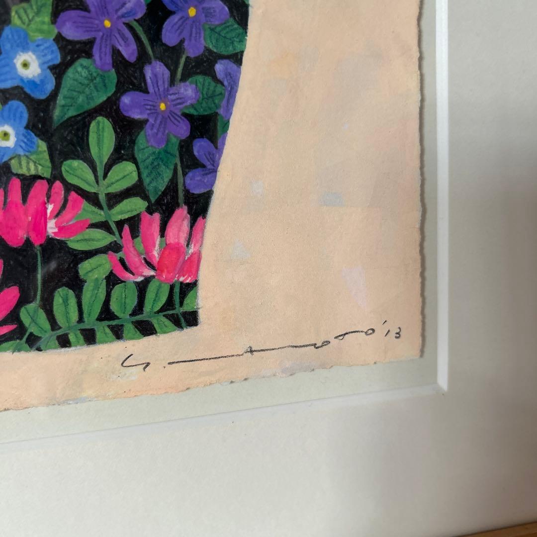 マツモトヨーコ　ドローイング　絵画　「微妙な関係」　ポピーと季節の花ばな