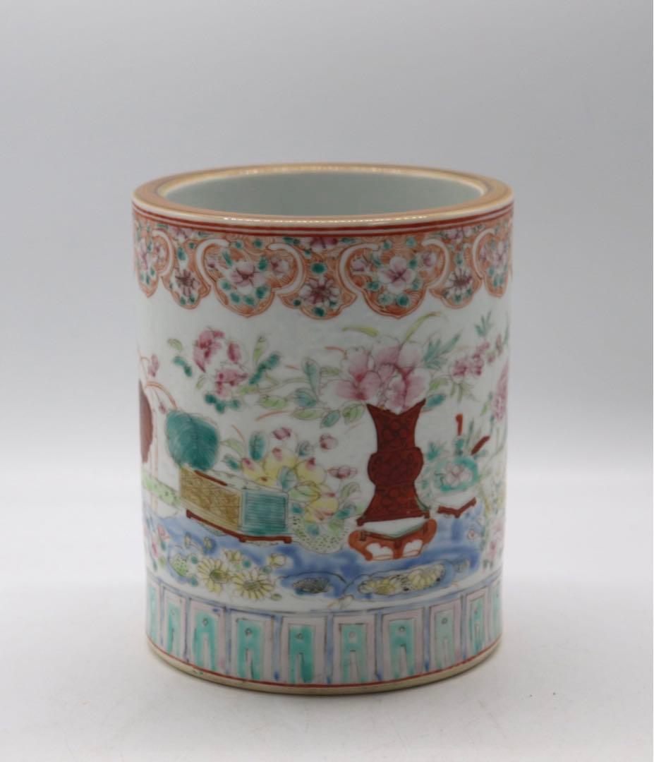 中国　粉彩花卉紋筆入　同治年製　送料込み0814