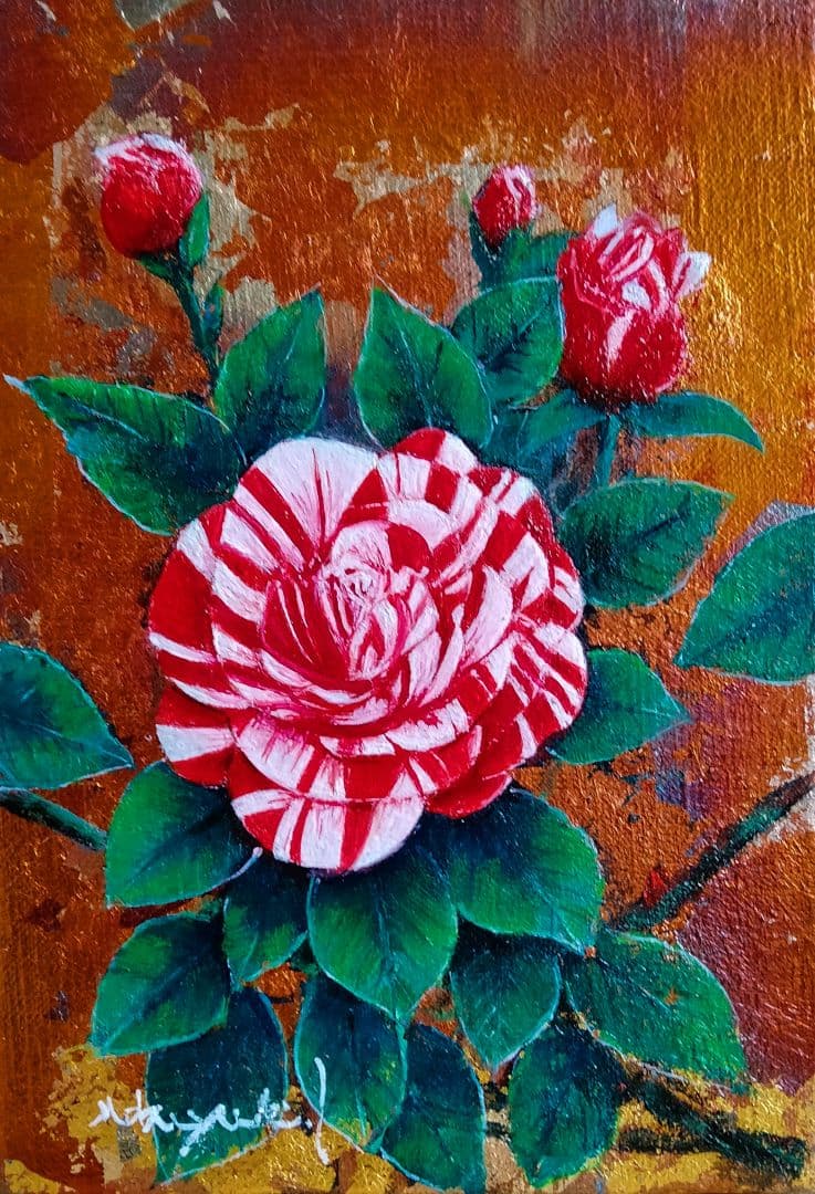 油絵　絵日傘（椿）SM 洋画家　池畠史幸　新作肉筆画