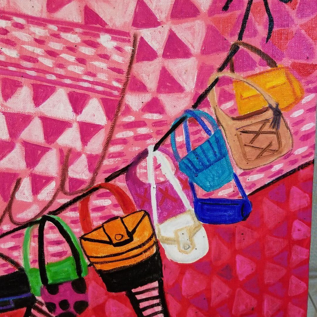 油絵　くーちゃん　バッグをたくさん持つ鳥