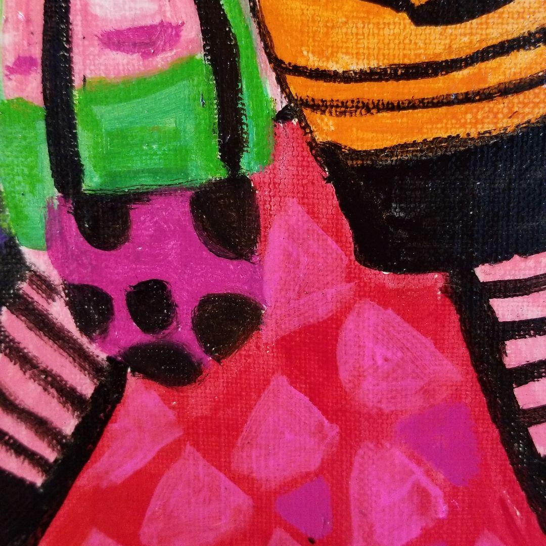 油絵　くーちゃん　バッグをたくさん持つ鳥