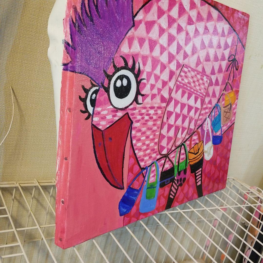 油絵　くーちゃん　バッグをたくさん持つ鳥