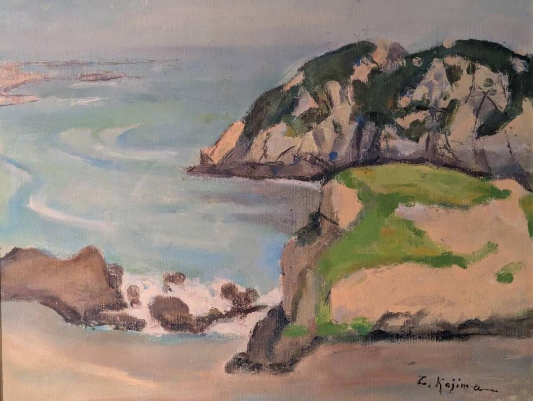 【真作】絵画　小島善太郎　油彩6号　千景の海岸　海と岬の風景　箱・黄袋入　Z14