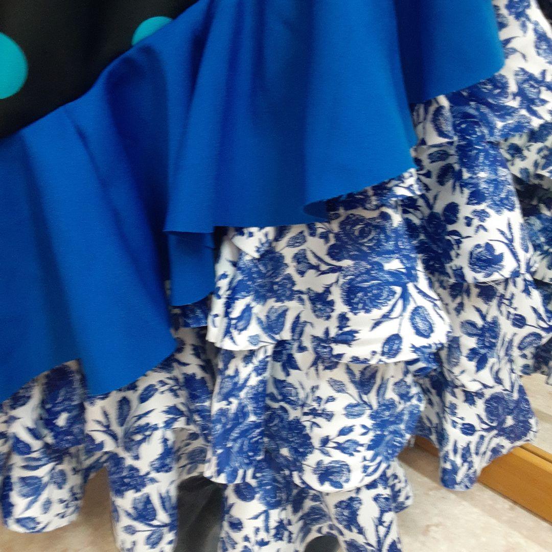 フラメンコ衣装　☆ファルダのみ　＊青/黒/白地青バラ柄フリルファルダ