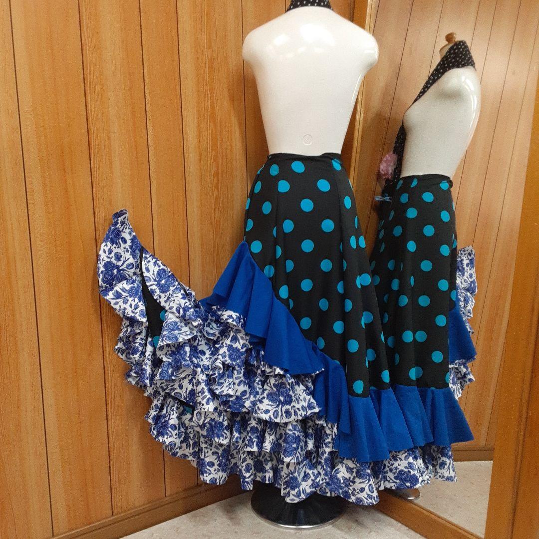 フラメンコ衣装　☆ファルダのみ　＊青/黒/白地青バラ柄フリルファルダ