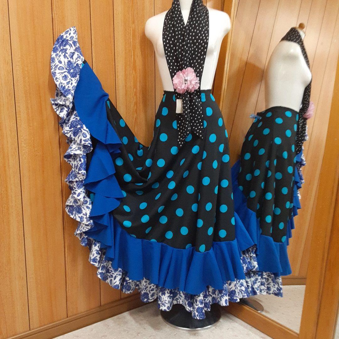フラメンコ衣装　☆ファルダのみ　＊青/黒/白地青バラ柄フリルファルダ