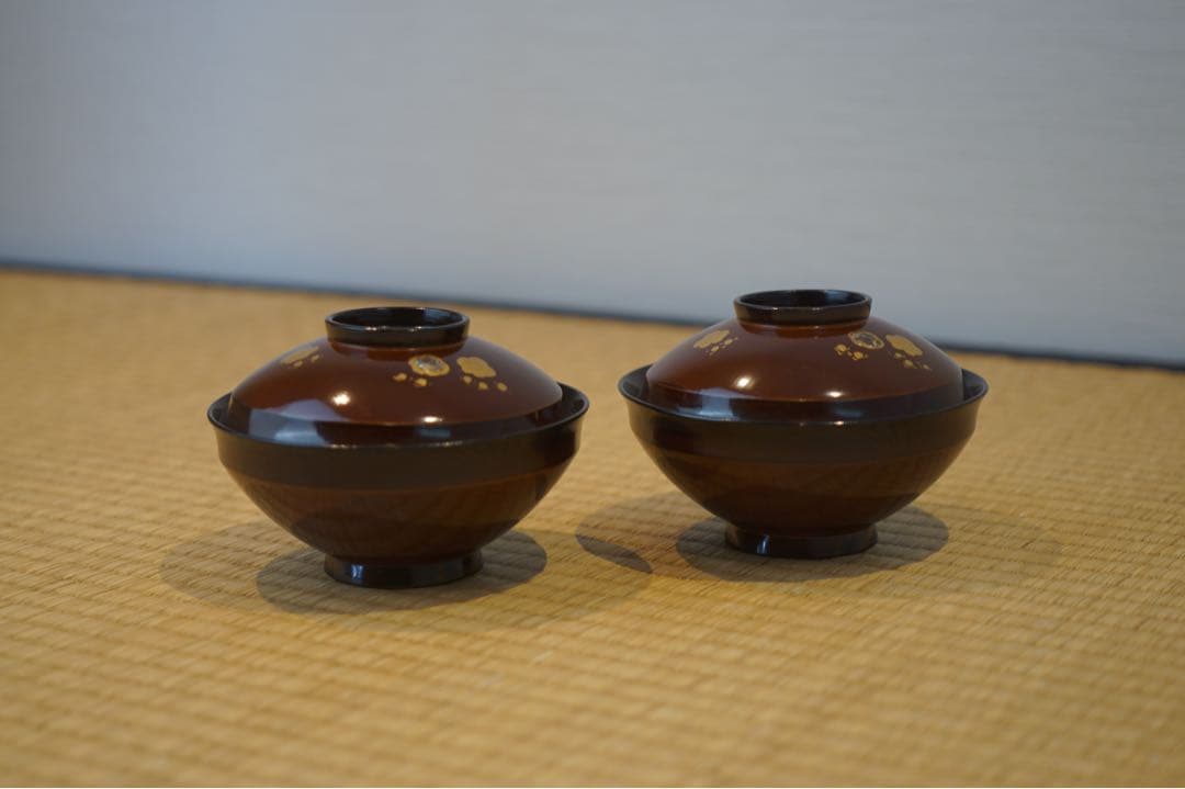 梅蒔絵 螺鈿細工 溜塗 吸物椀 2客/ 木製漆器 茶懐石