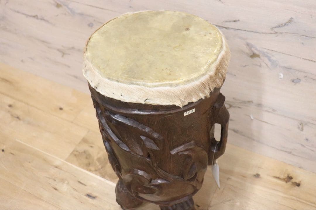 GMFH386○民族楽器 ドラム アフリカ 彫刻 トム 本革 オブジェ 美術品