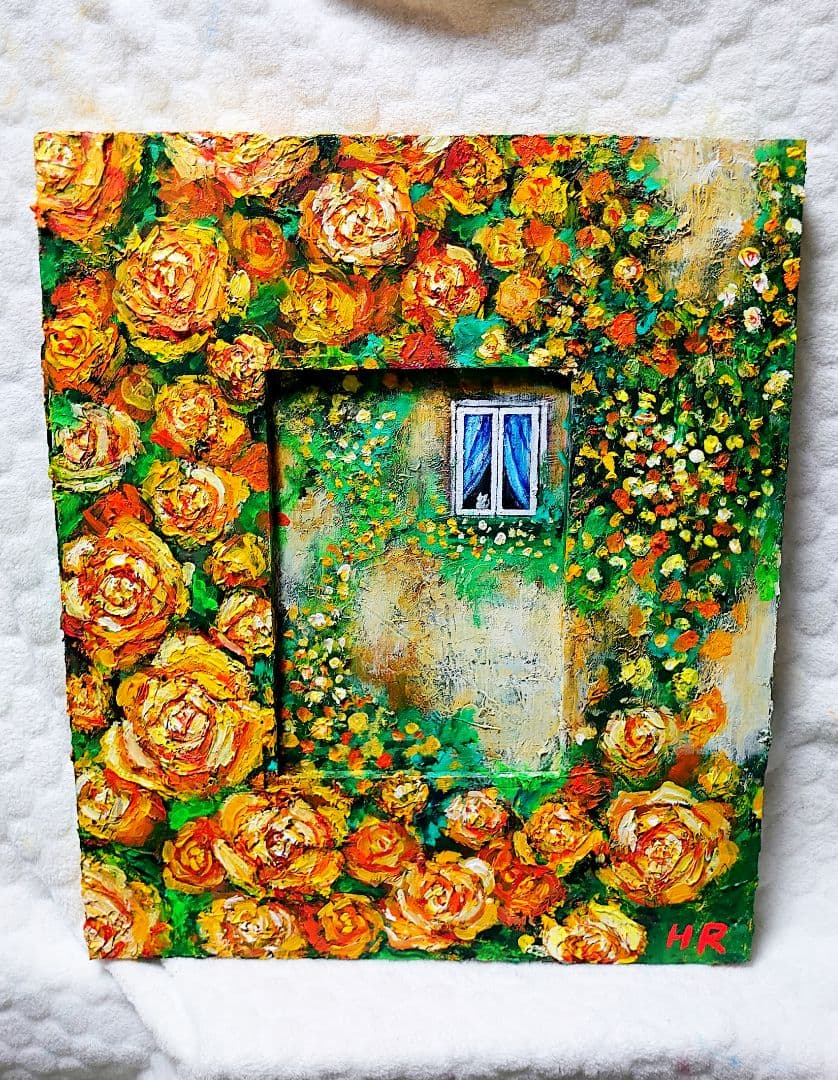 油絵 絵画【猫と黄色薔薇】