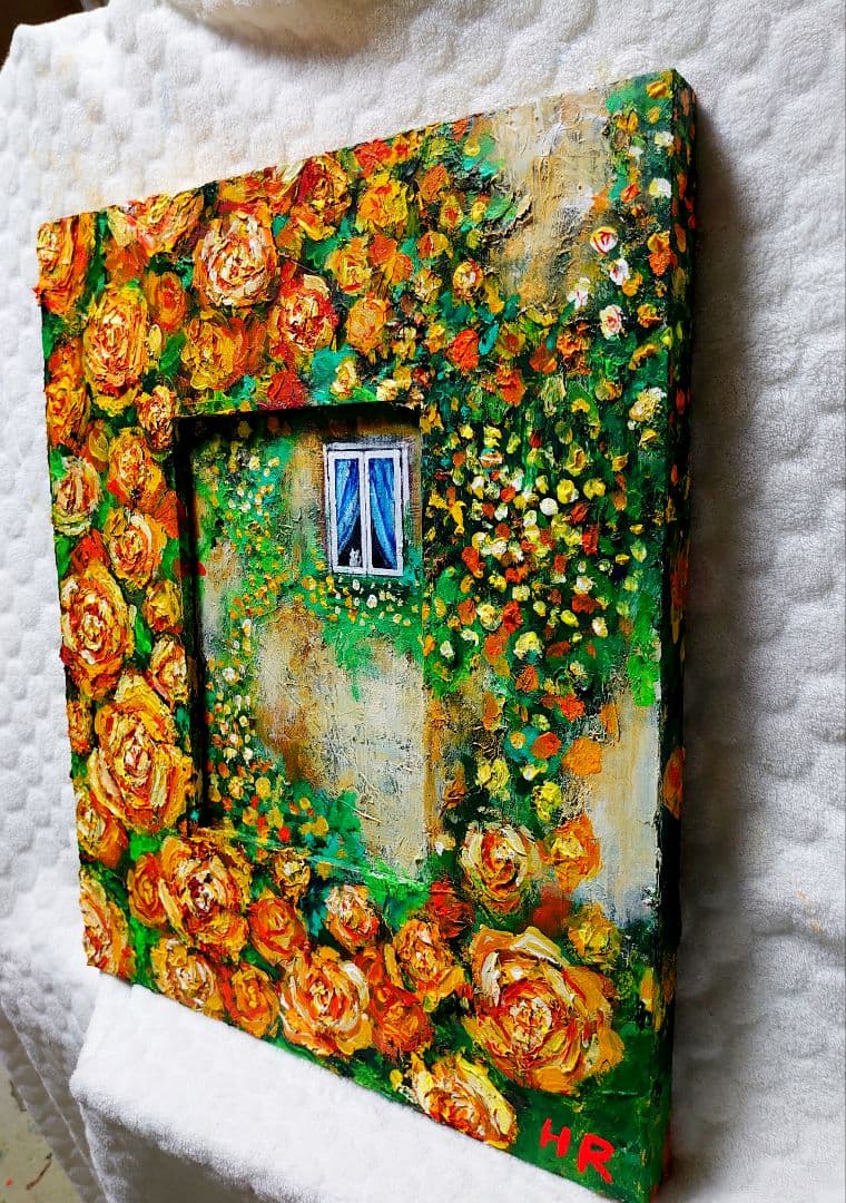 油絵 絵画【猫と黄色薔薇】