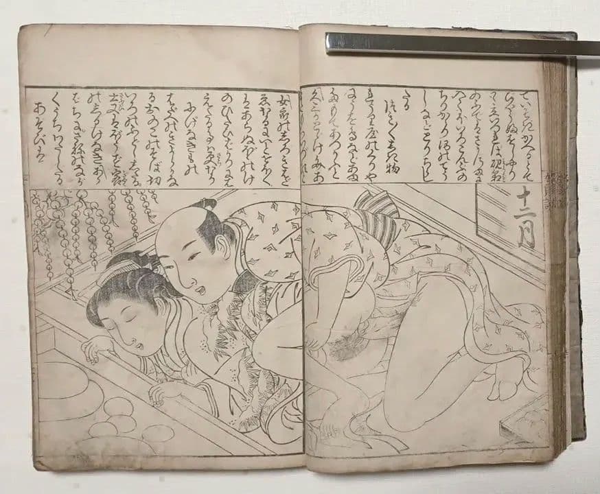 貴重春画大型本黒摺版画、女貞訓下所文庫月岡雪鼎画、明和5年頃出版、直し補修あり