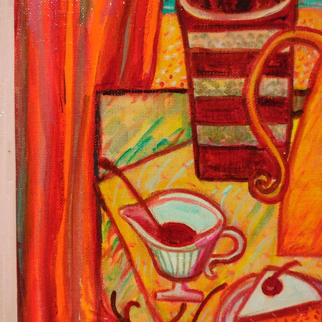 キャンバス油絵　専用　海と砂浜と空が見える窓際のテーブル 　モダンおしゃれアート