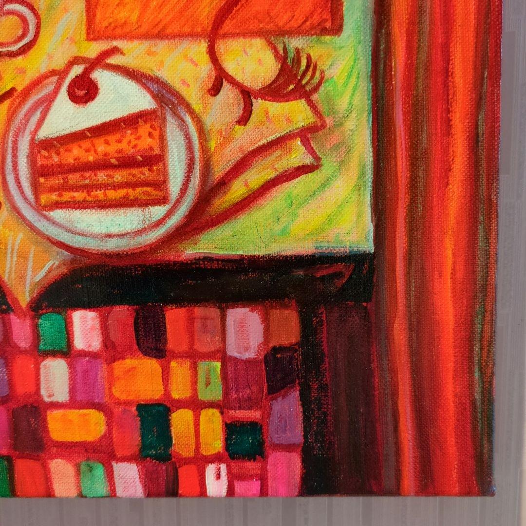 キャンバス油絵　専用　海と砂浜と空が見える窓際のテーブル 　モダンおしゃれアート