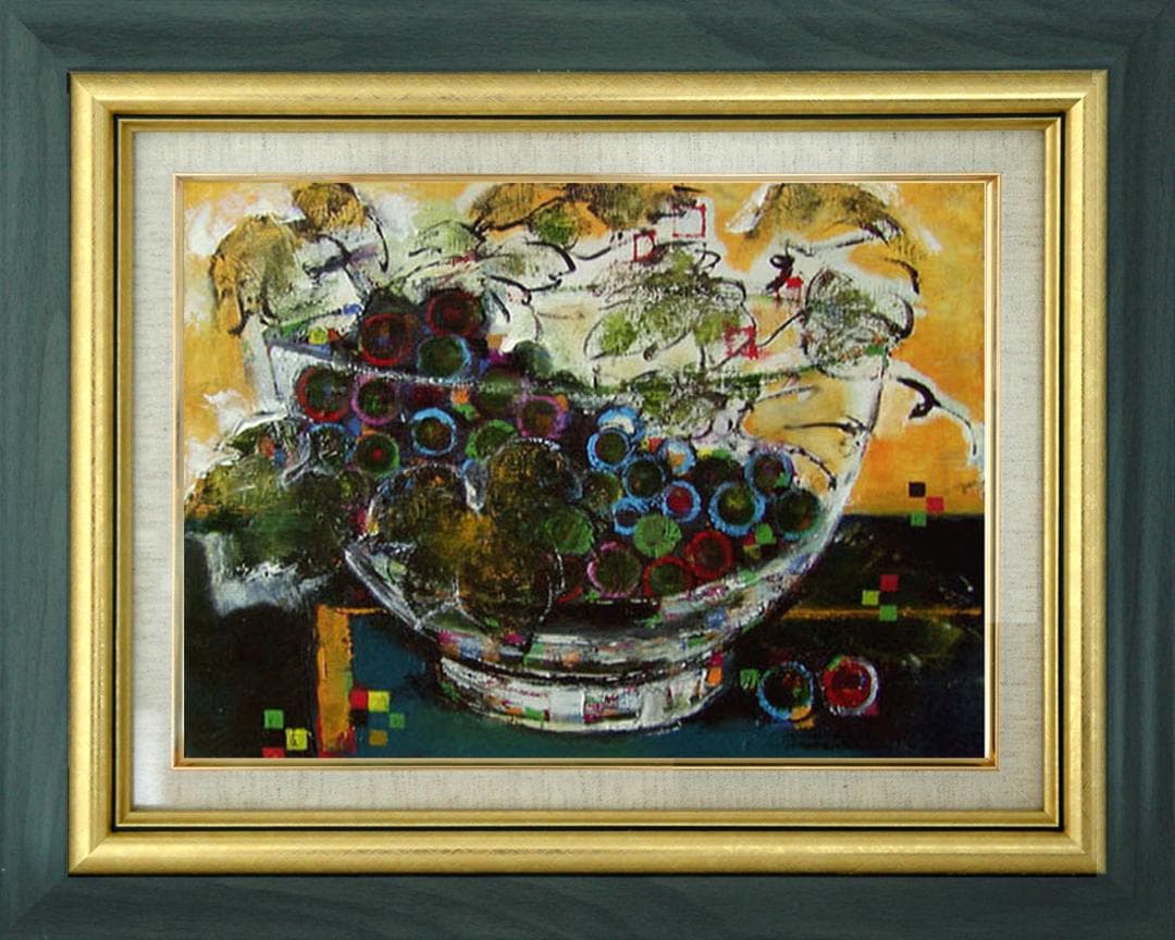 油絵 菅家令子 絵 絵画インテリア額付(黒) uF6-061203 静物 ぶどう