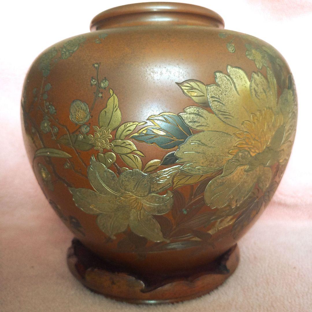 有美 刻 壺 花瓶 梅 牡丹 百合 薔薇 水仙 金属工芸 骨董品 古美術