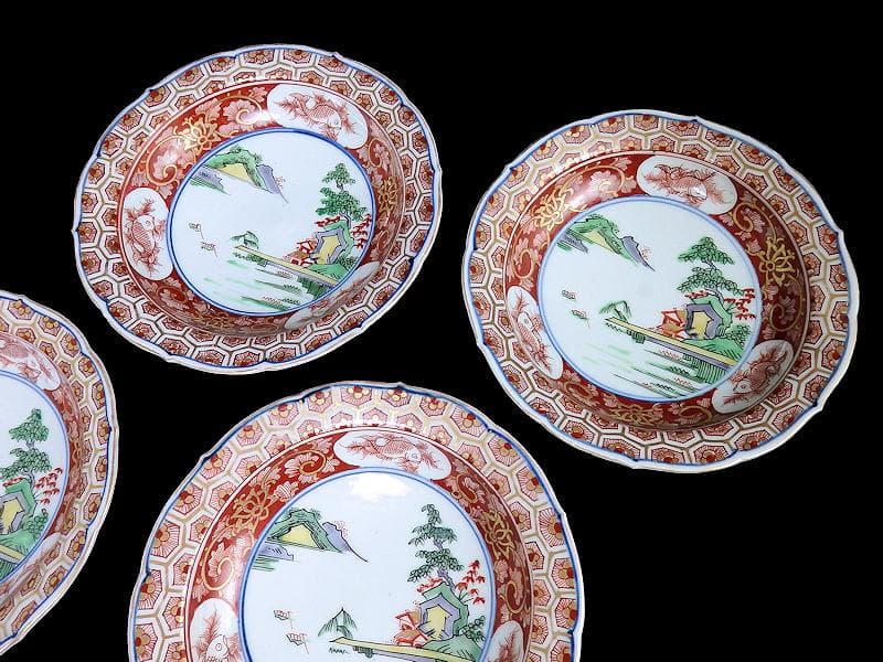 大聖寺伊万里　亀甲紋に金唐草　山水紋の図　５寸皿　５枚　E077AS-CRi