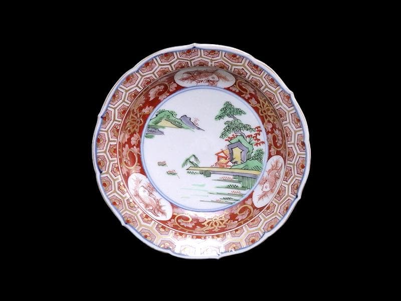 大聖寺伊万里　亀甲紋に金唐草　山水紋の図　５寸皿　５枚　E077AS-CRi