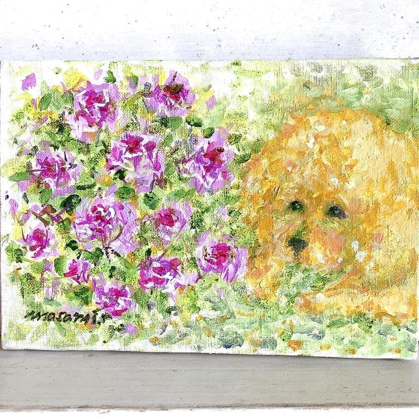 「ペチュニアとトイプードル」 アクリル画 SM キャンバス 原画 額なし