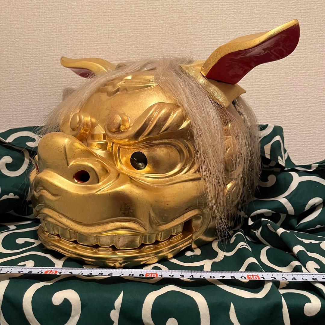 .【希少】　獅子舞　獅子頭　金箔　木彫　魔除け　金彩　古美術　木製 木彫 お祭り
