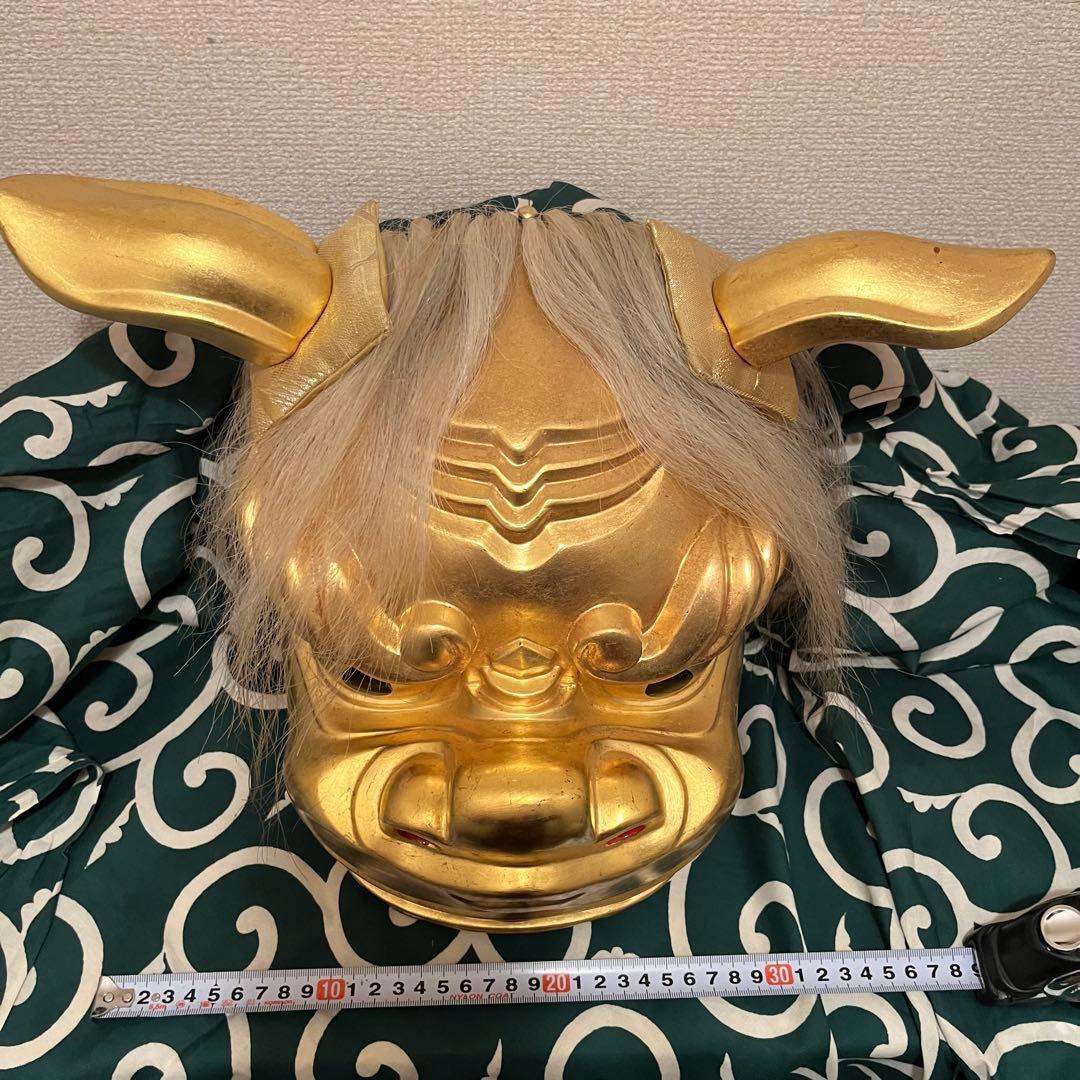 .【希少】　獅子舞　獅子頭　金箔　木彫　魔除け　金彩　古美術　木製 木彫 お祭り