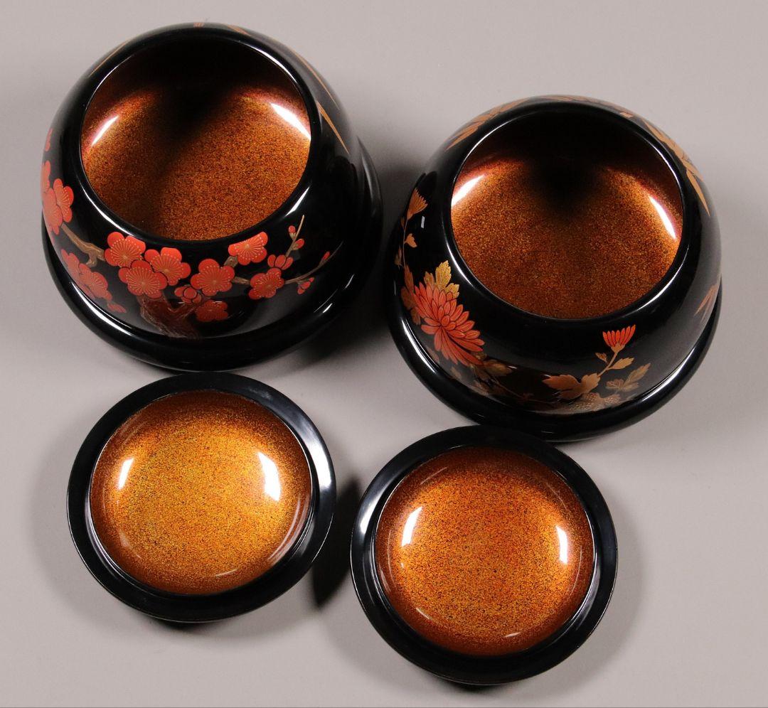 M937 輪島塗 柿木章作 四君子鷺烏蒔絵 碁器一対 木製 黒塗 内梨地 共箱