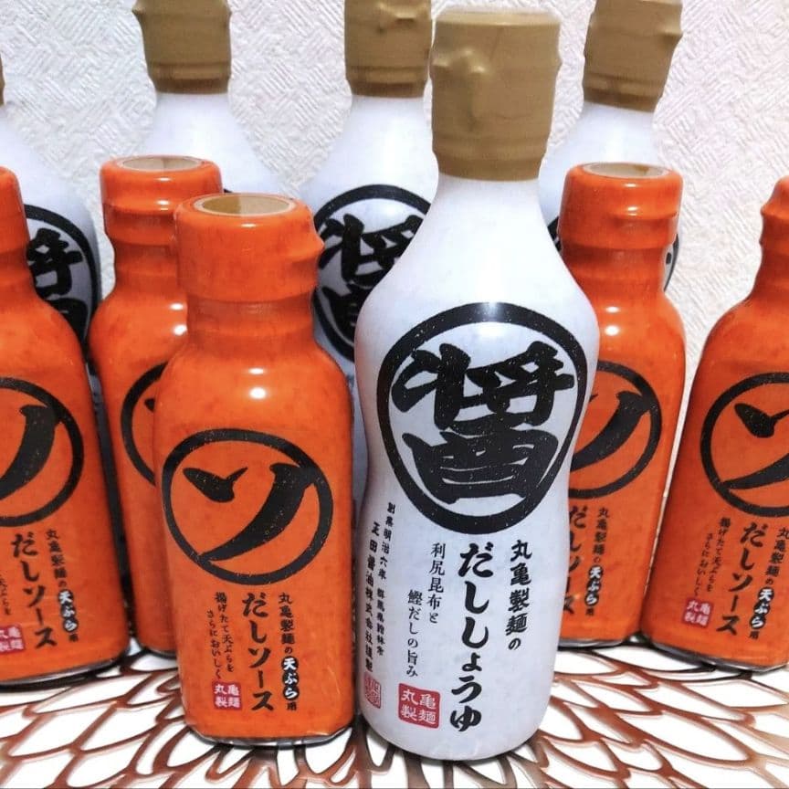 【 丸亀製麺 】 だしソース5本 ＆ だししょうゆ5本 セット　手提げ袋5枚♪