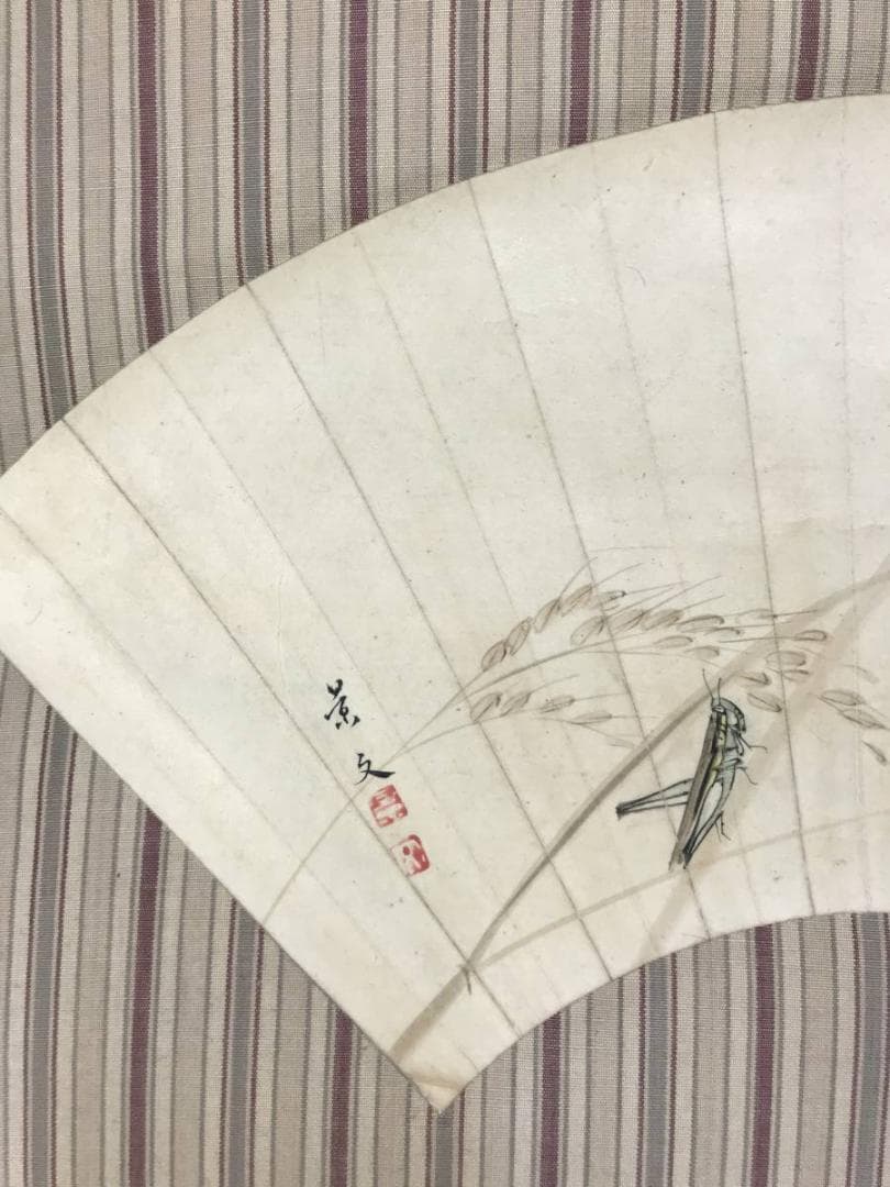 【真作】松村景文/扇面/稲穂バッタ図/秋図/花鳥図/掛軸/名家伝来/AD-284