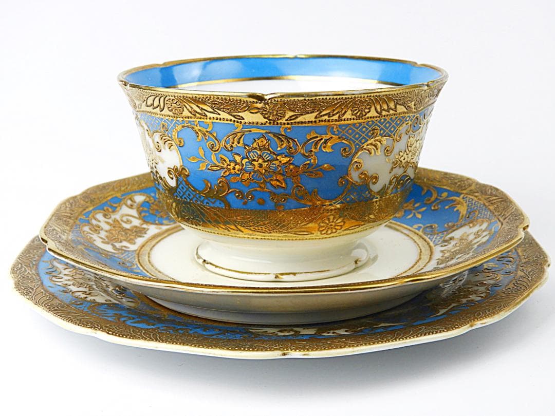 オールドノリタケ 金彩 ターコイズ 薔薇 カップ トリオ