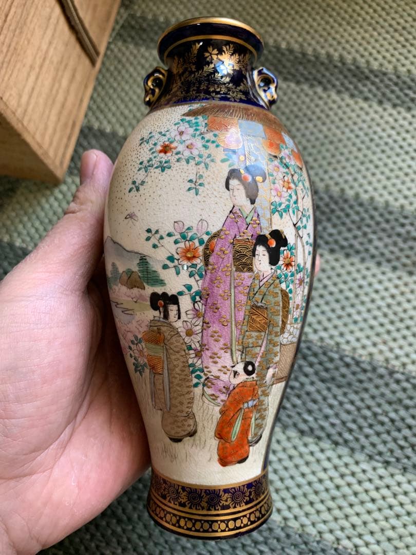 明治時代 薩摩焼「美人図小花瓶」楠部銘 箱付 花瓶 古玩 色絵 花器 古美術