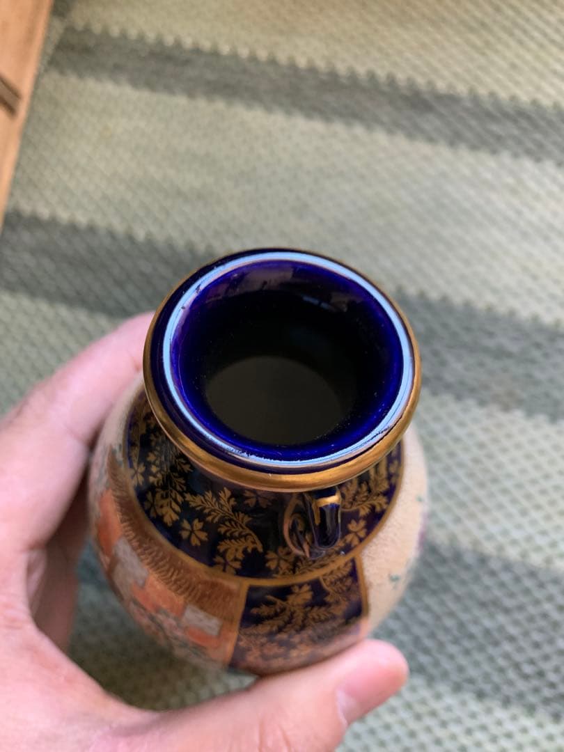 明治時代 薩摩焼「美人図小花瓶」楠部銘 箱付 花瓶 古玩 色絵 花器 古美術