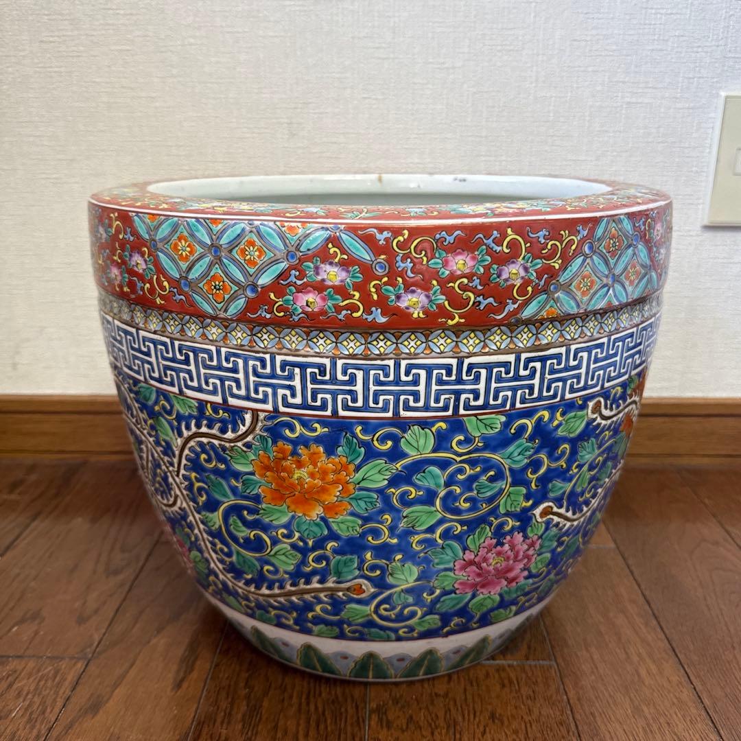 伊万里　十錦手　色絵彩色牡花唐草鳳凰紋　火鉢