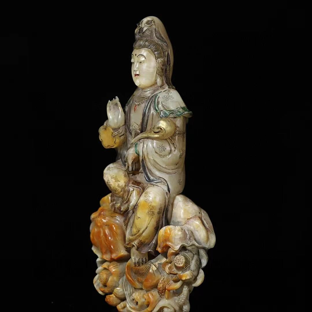 中国古美術・旧蔵寿山石彩絵【観音赐福】・仏像 ・木箱付き・手彫り・文房具・風水