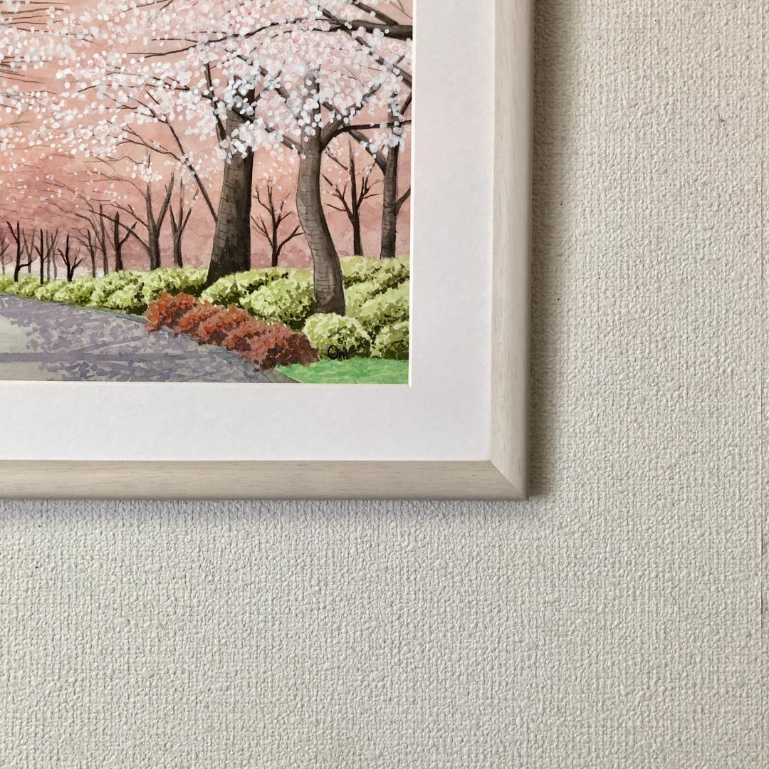 透明水彩画　原画　「桜の小径」額縁付　F6サイズ　風景画