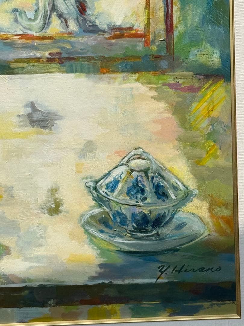 平野能子作　油彩絵　窓辺のボンボニエール　直筆　額装　P50号　送料込み0822