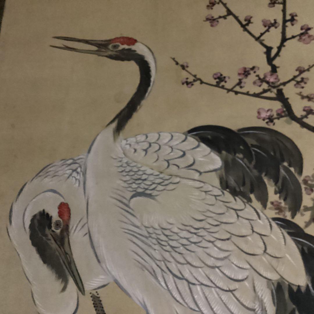 O-27 鶴と松竹梅の水墨画 掛軸 双幅　210cm