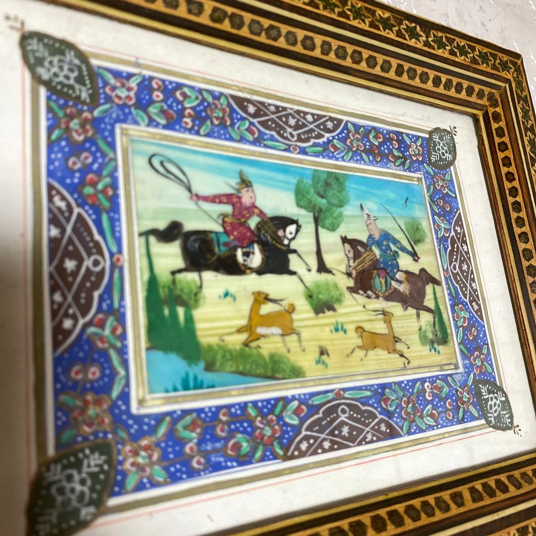 ペルシャ（イラン）ミニアチュール（細密画） ハータムカーリー（寄木細工）額縁入り