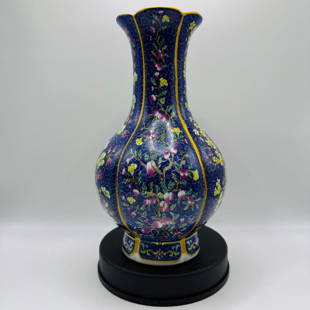 L106 青彩四角エナメル彩彩磁器花瓶 アンティーク